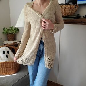 Beige Hooded Knit Cardigan With Hem Detailing